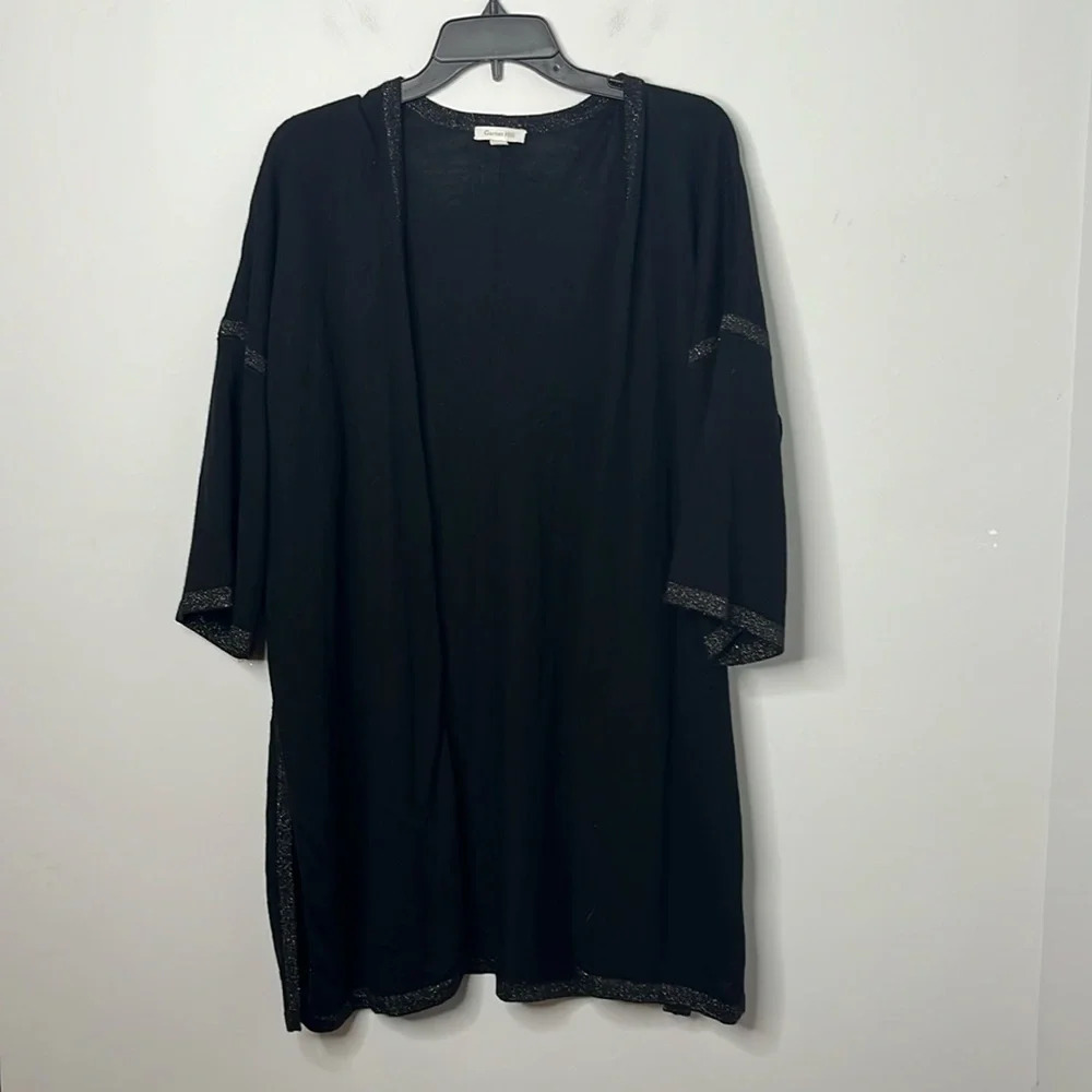Garnet Hill Black Wool Metallic Hem Open Cardigan